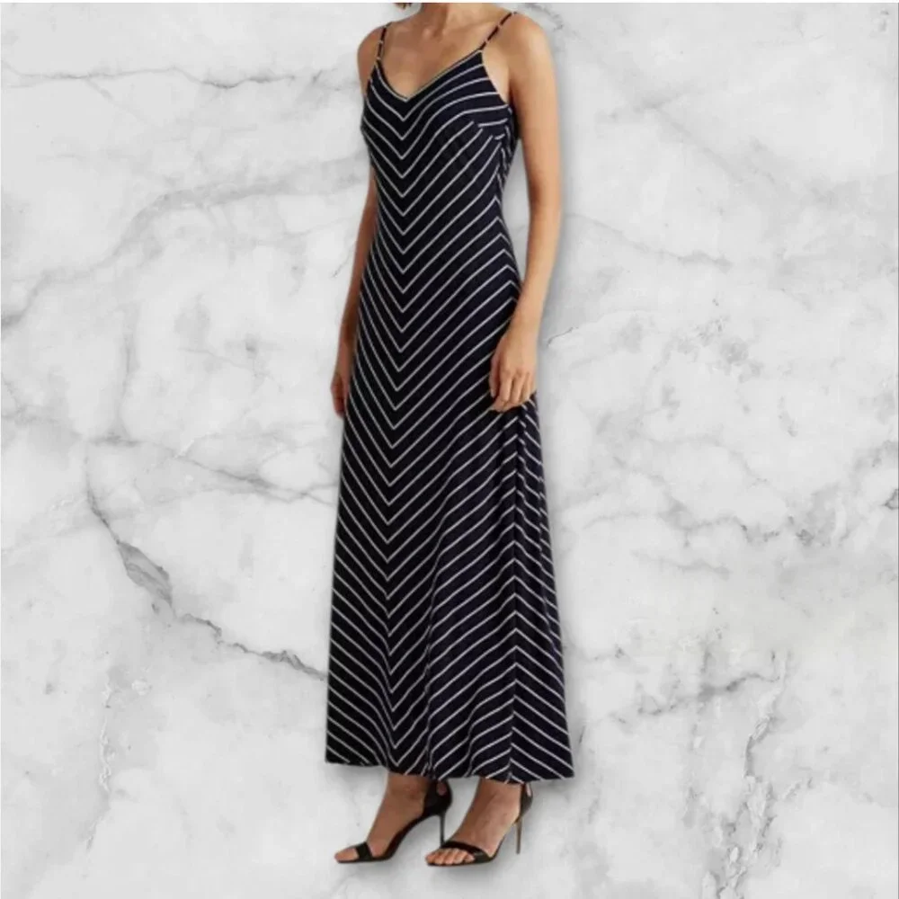 Lauren Ralph Lauren Navy/White chevron stripe maxi dress size 8 - Picture 1 of 8